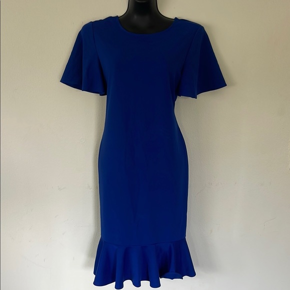 MARINA Blue Ruffled Sheath Midi Dress - Picture 1 of 5